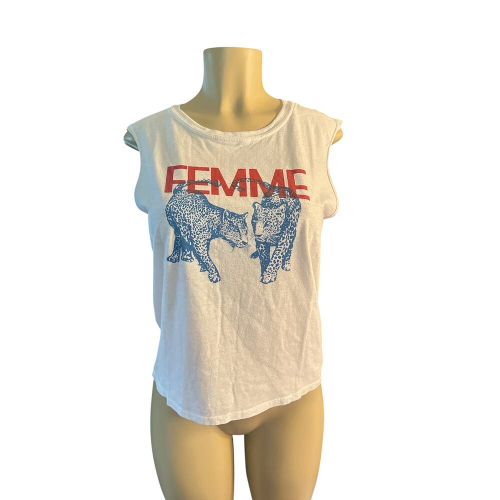 Women S Pam & Gela Femme Muscle Tank Top Jaguar Wild Cat White Tee Shirt - Picture 2 of 6
